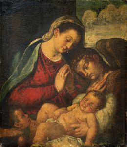 Scuola veneta, fine secolo XVI - inizi secolo XVII - Madonna con Bambino, San Giovannino e un Angelo