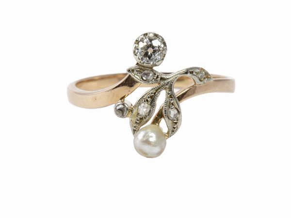 Anello liberty in oro rosa e argento con diamanti e perla  - Asta Gioielli e Orologi - Associazione Nazionale - Case d'Asta italiane