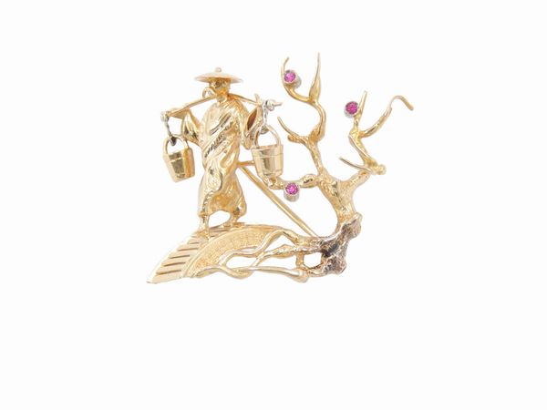 Spilla in oro giallo con corindoni sintetici  - Asta Gioielli e Orologi - Associazione Nazionale - Case d'Asta italiane