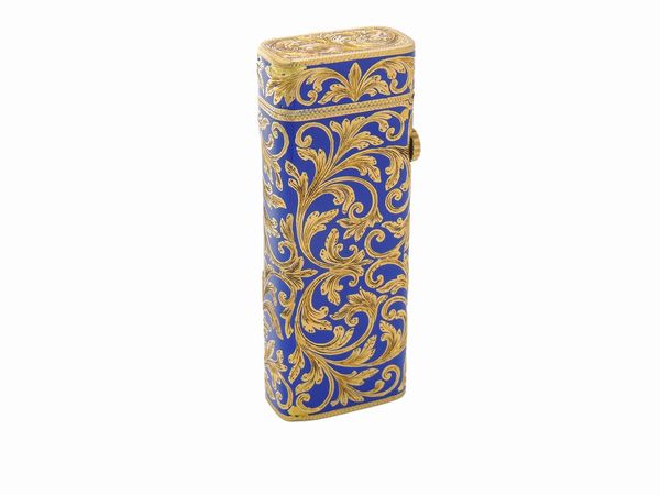 Accendino laminato in oro giallo e smalto blu  - Asta Gioielli e Orologi - Associazione Nazionale - Case d'Asta italiane