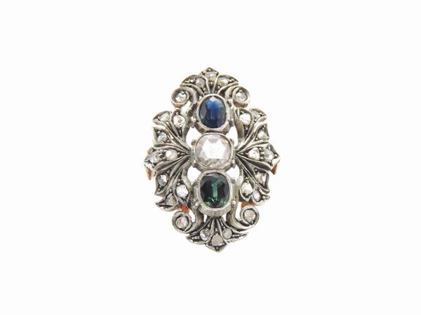 Anello in oro rosa e argento con diamanti e zaffiri  - Asta Gioielli e Orologi - Associazione Nazionale - Case d'Asta italiane