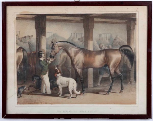 Stampa a colori di sapore animalier. Francia, XIX secolo Les favoris du jeune maitre  - Asta Dimore italiane | Cambi Time - Associazione Nazionale - Case d'Asta italiane