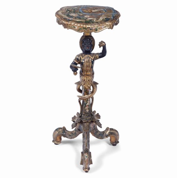 Gueridon in legno dorato, sostegno a figura di moro e piedi a volute vegetali. XX secolo  - Asta Dimore italiane | Cambi Time - Associazione Nazionale - Case d'Asta italiane