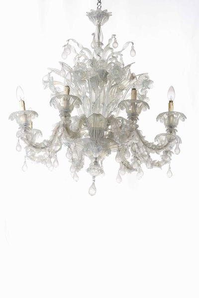 Coppia di lampadari in vetro lattimo a otto luci e tre applique a due luci  - Asta Dimore italiane | Cambi Time - Associazione Nazionale - Case d'Asta italiane