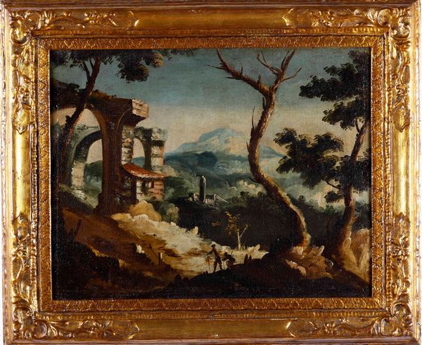 Maestro dei Paesaggi di Ca’ Rezzonico, Attribuito a : Paesaggio con rovine  - Asta Dipinti Antichi  - Associazione Nazionale - Case d'Asta italiane