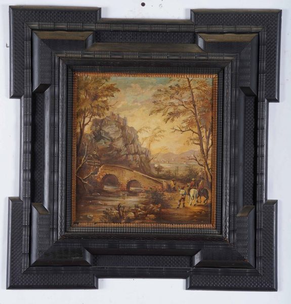 Scuola del XIX secolo Paesaggio con ponte e viandanti  - Asta Dipinti Antichi  - Associazione Nazionale - Case d'Asta italiane