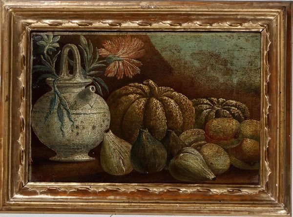 Scuola del XVIII secolo Nature morte con frutti, vasellame e rami  - Asta Dipinti Antichi  - Associazione Nazionale - Case d'Asta italiane