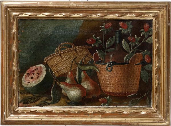 Scuola del XVIII secolo Nature morte con frutti, vasellame e rami  - Asta Dipinti Antichi  - Associazione Nazionale - Case d'Asta italiane