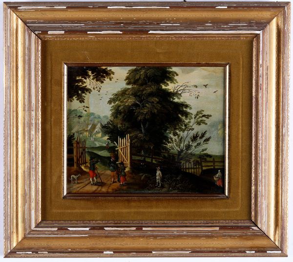 Scuola fiamminga del XVIII secolo Veduta di villaggio con viandanti e contadini  - Asta Dipinti Antichi  - Associazione Nazionale - Case d'Asta italiane
