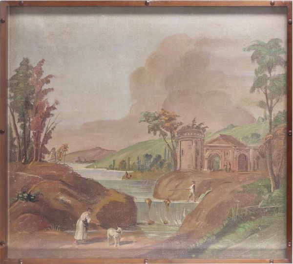 Scuola del XIX secolo Paesaggio fluviale con figure e architetture sullo sfondo  - Asta Dipinti Antichi  - Associazione Nazionale - Case d'Asta italiane