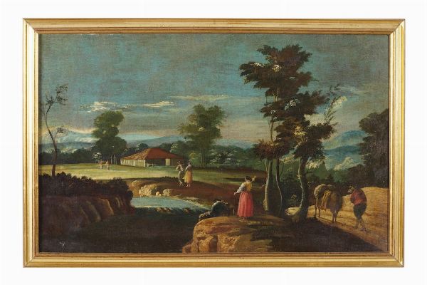 Scuola veneta del XVIII secolo Paesaggio arcadico con viandanti  - Asta Dipinti Antichi  - Associazione Nazionale - Case d'Asta italiane