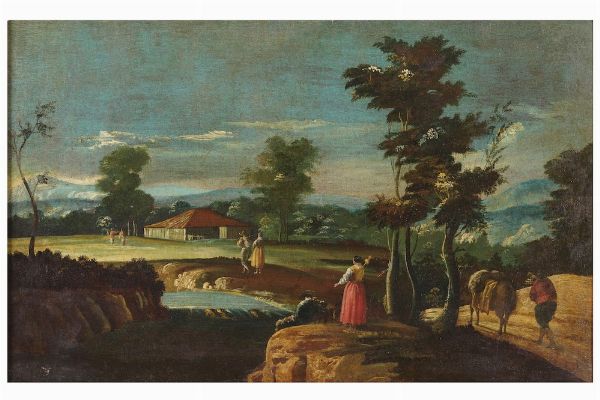 Scuola veneta del XVIII secolo Paesaggio arcadico con viandanti  - Asta Dipinti Antichi  - Associazione Nazionale - Case d'Asta italiane
