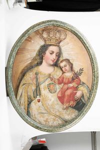 Scuola spagnola del XVIII secolo Madonna con Bambino  - Asta Dipinti Antichi  - Associazione Nazionale - Case d'Asta italiane