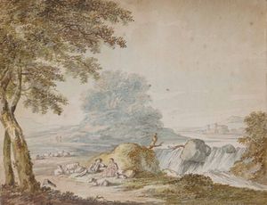Scuola della fine del XVIII secolo Paesaggio con pastori e contadini  - Asta Dipinti Antichi  - Associazione Nazionale - Case d'Asta italiane