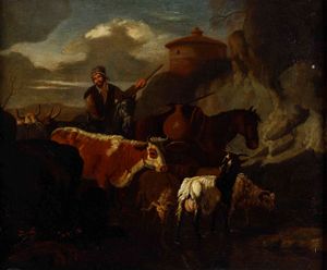 Pieter Van Bloemen detto lo Stendardo, Ambito di - Pastorale con animali che si abbeverano ad un torrente
