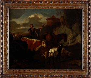 Pieter Van Bloemen detto lo Stendardo, Ambito di : Pastorale con animali che si abbeverano ad un torrente  - Asta Dipinti Antichi  - Associazione Nazionale - Case d'Asta italiane