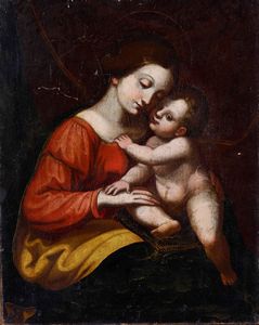 Scuola del XVII secolo Madonna col Bambino  - Asta Dipinti Antichi  - Associazione Nazionale - Case d'Asta italiane