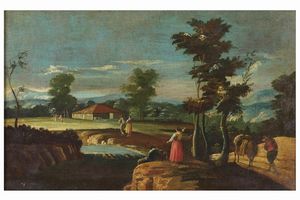 Scuola veneta del XVIII secolo Paesaggio arcadico con viandanti  - Asta Dipinti Antichi  - Associazione Nazionale - Case d'Asta italiane