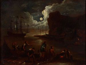 Adriaen Van der Cabel, Attribuito a : Notturno con pescatori che governano le reti  - Asta Dipinti Antichi  - Associazione Nazionale - Case d'Asta italiane