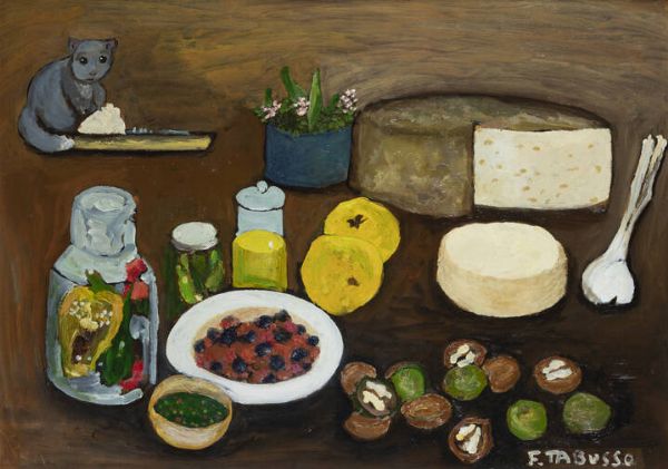 FRANCESCO TABUSSO Sesto San Giovanni (MI) 1930 - 2012 Torino : Natura morta con gatto e formaggi 2006  - Asta Asta 212 Dipinti - Associazione Nazionale - Case d'Asta italiane