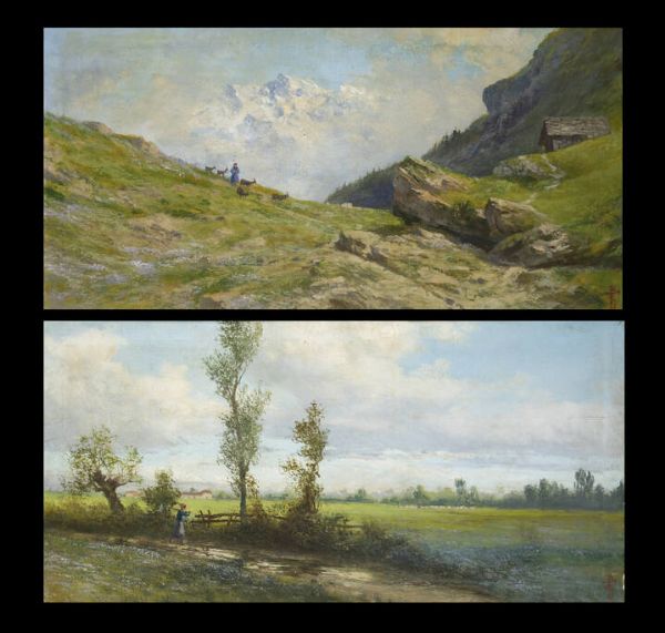 GIACINTO BO Montanaro Canavese (TO) 1832 - 1912 Torino : a-Paesaggio  b-Paesaggio con baite e contadina  - Asta Asta 212 Dipinti - Associazione Nazionale - Case d'Asta italiane