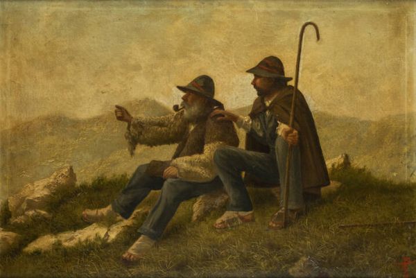 GIACINTO BO Montanaro Canavese (TO) 1832 - 1912 Torino : Due pastori  - Asta Asta 212 Dipinti - Associazione Nazionale - Case d'Asta italiane