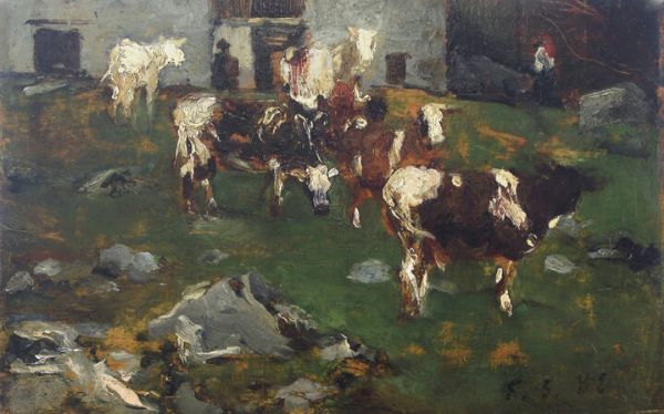 LORENZO DELLEANI Pollone (BI) 1840 - 1908 Torino : Pascolo davanti alla cascina 5/5/1882  - Asta Asta 212 Dipinti - Associazione Nazionale - Case d'Asta italiane