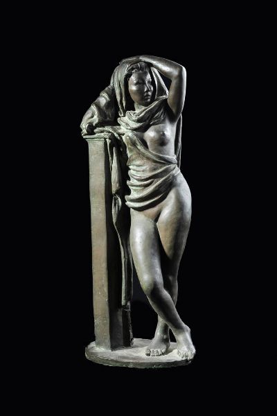 ROBERTO TERRACINI Torino 1900 - 1976 : Figura femminile appoggiata a una colonna 1939  - Asta Asta 212 Dipinti - Associazione Nazionale - Case d'Asta italiane