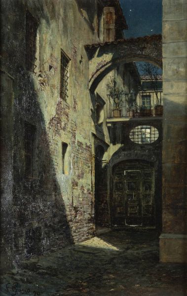 FRANCESCO BOSSO Vercelli 1864 - 1933 Torino : Notturno-Vicoletto di Vercelli 1920  - Asta Asta 212 Dipinti - Associazione Nazionale - Case d'Asta italiane