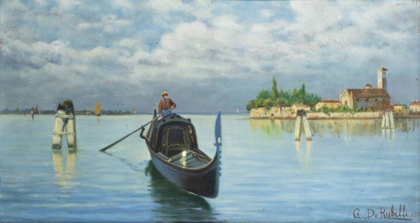 GIUSEPPE DE RUBELLI Ragusa 1844 - 1916 Milano : Gondola in laguna 1910  - Asta Asta 212 Dipinti - Associazione Nazionale - Case d'Asta italiane