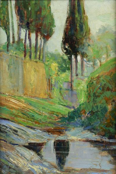 GIUSEPPE SACHERI Genova 1863 - 1950 Pianfei (CN) : Al laghetto  - Asta Asta 212 Dipinti - Associazione Nazionale - Case d'Asta italiane