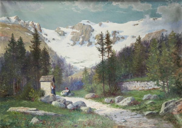 LEONARDO RODA Racconigi (CN) 1868 - 1933 : Paesaggio montano con contadine 1928  - Asta Asta 212 Dipinti - Associazione Nazionale - Case d'Asta italiane