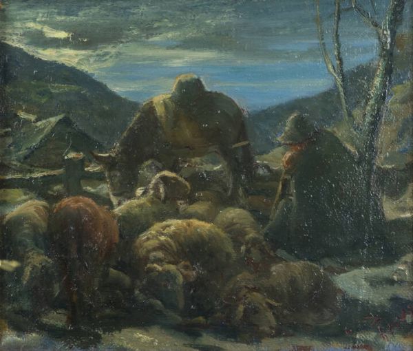 ITALO MUS Chatillon (AO) 1892 - 1967 St.Vincent (AO) : La sosta del pastore  fine anni '30-inizio anni '40  - Asta Asta 212 Dipinti - Associazione Nazionale - Case d'Asta italiane