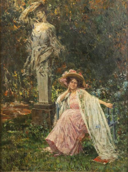LUCA POSTIGLIONE Napoli 1876 - 1936 : Signora in giardino  - Asta Asta 212 Dipinti - Associazione Nazionale - Case d'Asta italiane