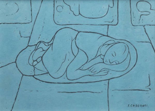 FELICE CASORATI Novara 1883 - 1963 Torino : Figura accovacciata 1950 circa  - Asta Asta 212 Dipinti - Associazione Nazionale - Case d'Asta italiane