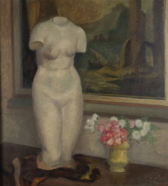 LUISA PRATIS Saluzzo 1913 -1959 : Natura morta con vaso e di fiori e scultura 1941 (?)  - Asta Asta 212 Dipinti - Associazione Nazionale - Case d'Asta italiane