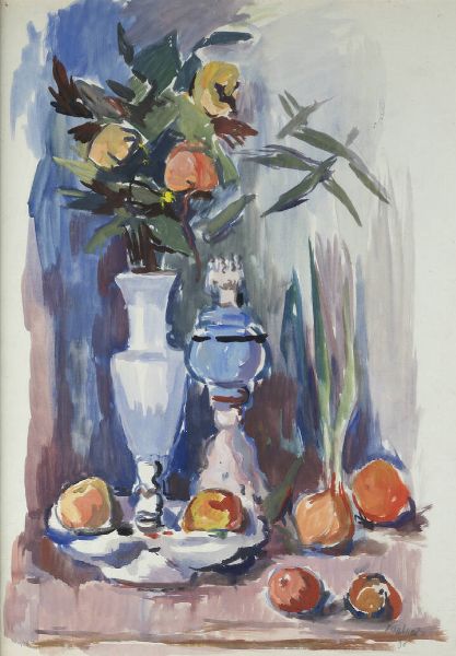 ENRICO PAULUCCI Genova 1901 - 1999 Torino : Natura morta con fiori e frutta 1936  - Asta Asta 212 Dipinti - Associazione Nazionale - Case d'Asta italiane