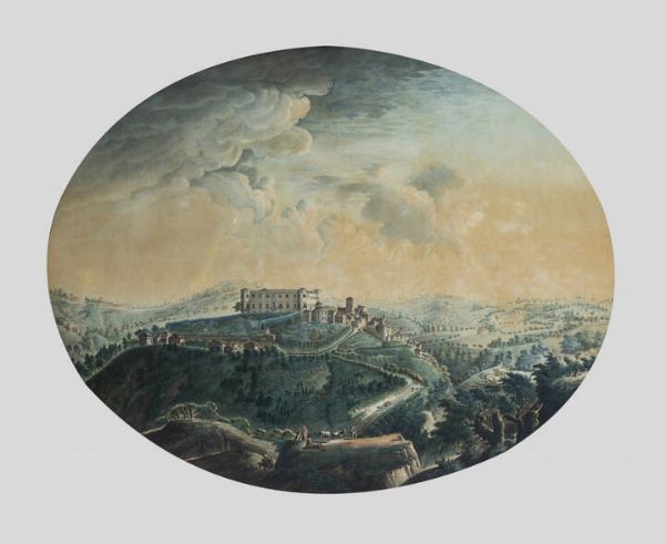 PITTORE NON IDENTIFICATO : Paesaggio collinare con castello 1793  - Asta Asta 212 Dipinti - Associazione Nazionale - Case d'Asta italiane