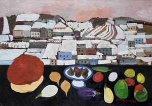 FRANCESCO TABUSSO Sesto San Giovanni (MI) 1930 - 2012 Torino - Natura morta nel paesaggio con neve