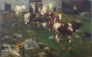 LORENZO DELLEANI Pollone (BI) 1840 - 1908 Torino - Pascolo davanti alla cascina 5/5/1882