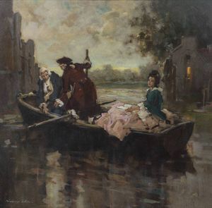 VENANZIO ZOLLA Colchester (Regno Unito) 1880 - 1961 Torino - In barca. Scena in costume