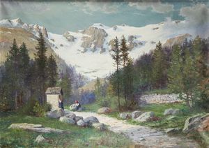 LEONARDO RODA Racconigi (CN) 1868 - 1933 - Paesaggio montano con contadine 1928