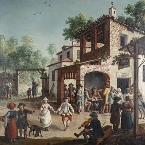GIOVANNI MARIA GENTA Attivo a Torino tra il 1774-1775 - Al Gambero Bon Vin - Scena di vita davanti all'osteria 1782