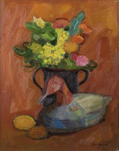 TRENTO LONGARETTI Treviglio (BG) 1916 - 2017 Bergamo - Fiori e anatra di legno 1977