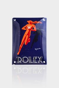 FORMELLA PUBBLICITARIA - 14 5x10 cm per la maison Rolex  in metallo smaltato raffigurante una donna in rosso recante in mano la corona  [..]