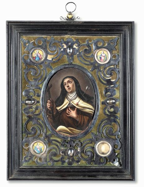 Cornice lastronata in ebano e applicazioni in argento e 4 piccole miniature raffiguranti Santi su pergamena. Emilia met XVII secolo  - Asta Cornici antiche - Associazione Nazionale - Case d'Asta italiane