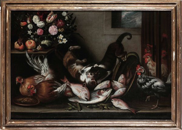 Scuola napoletana del XVIII secolo Natura morta con fiori, frutta, galli, pesci e gatti  - Asta Dipinti antichi - Associazione Nazionale - Case d'Asta italiane