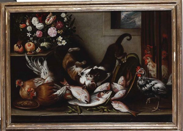 Scuola napoletana del XVIII secolo Natura morta con fiori, frutta, galli, pesci e gatti  - Asta Dipinti antichi - Associazione Nazionale - Case d'Asta italiane