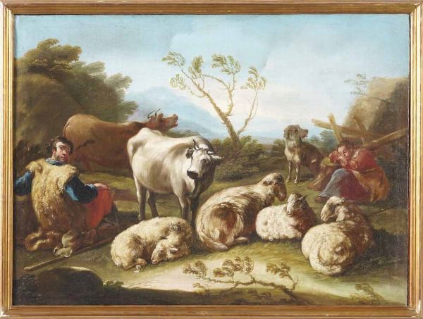 Philipp Peter Roos detto Rosa da Tivoli, Attribuito a : Paesaggi con pastori e armenti  - Asta Dipinti antichi - Associazione Nazionale - Case d'Asta italiane