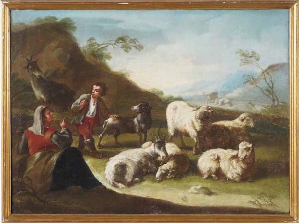Philipp Peter Roos detto Rosa da Tivoli, Attribuito a : Paesaggi con pastori e armenti  - Asta Dipinti antichi - Associazione Nazionale - Case d'Asta italiane
